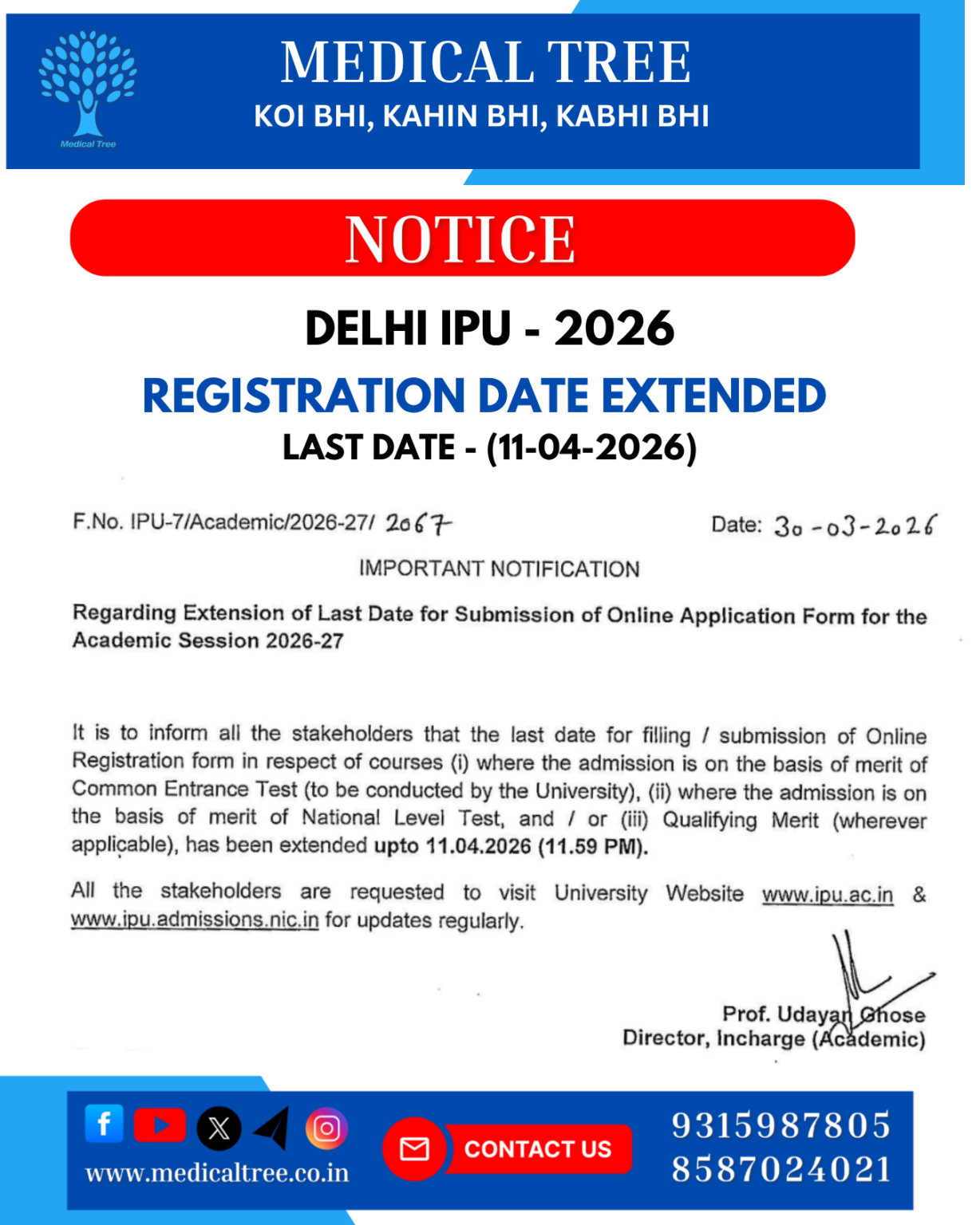 Delhi IPU 2026 registration date extended notice last date 11 April 2026 official update