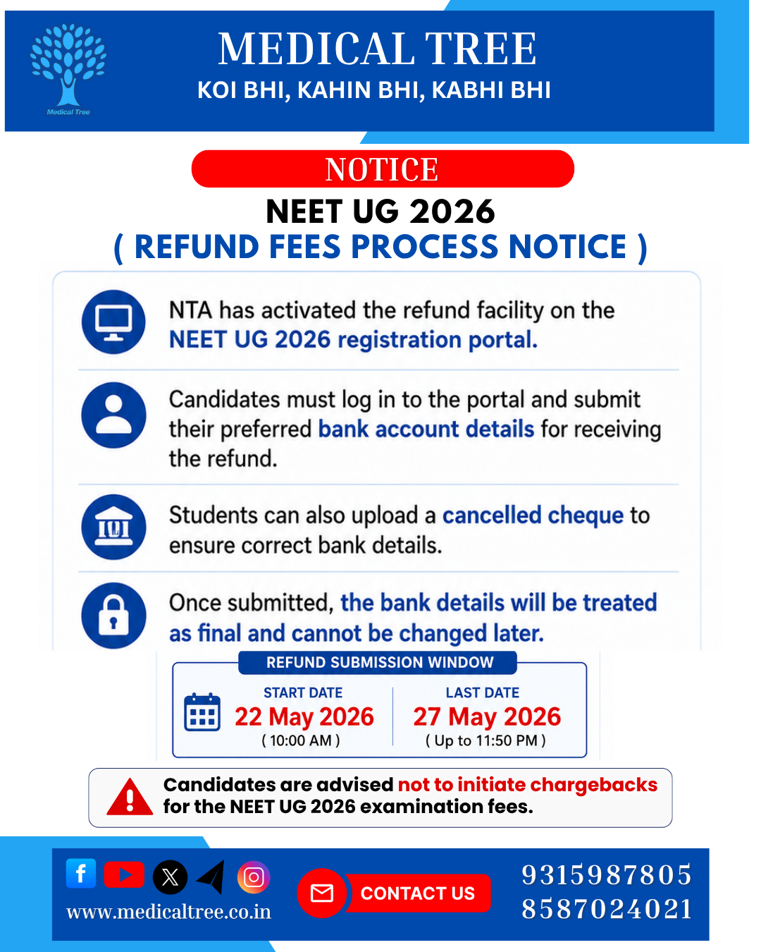 NEET UG 2026 refund process notice by Medical Tree