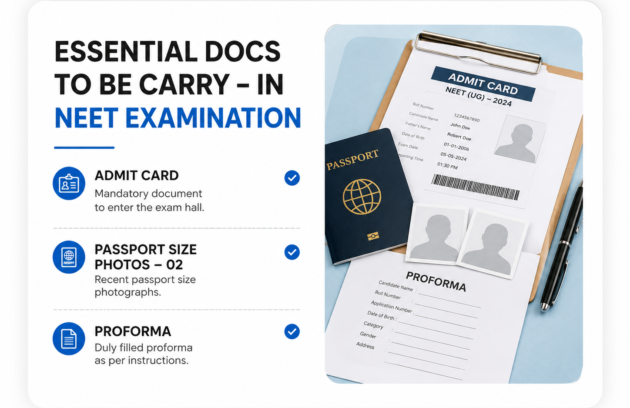 Documents required for NEET examination including admit card passport size photographs and proforma