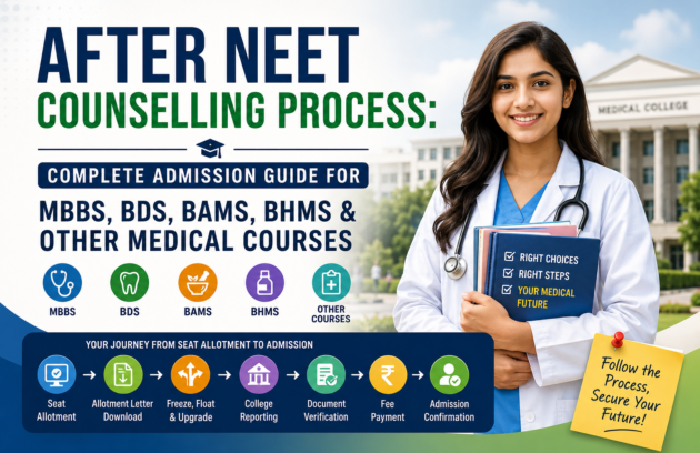 NEET Counselling Process admission guide for MBBS, BDS, BAMS and BHMS courses showing seat allotment, document verification and admission confirmation steps.