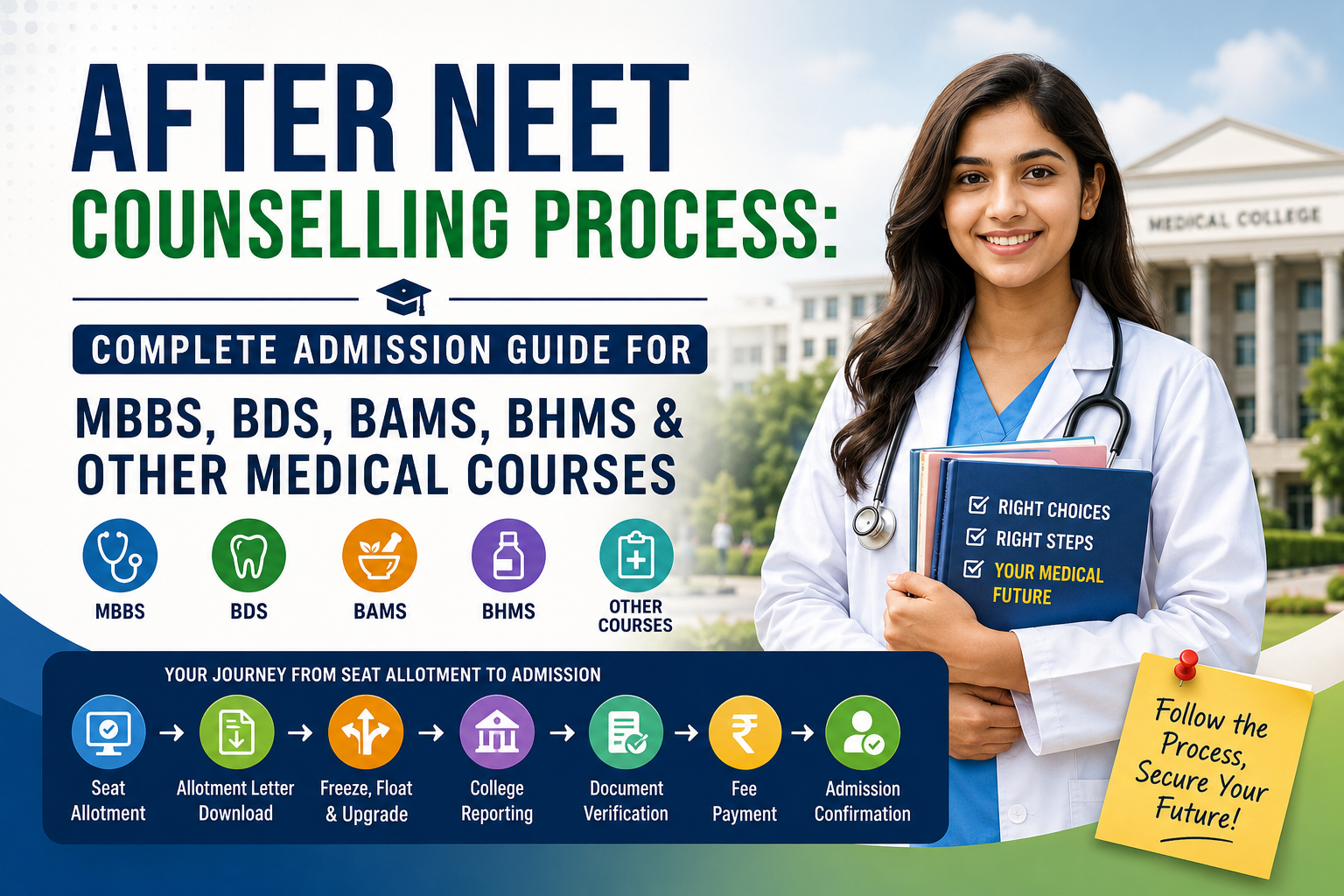 NEET Counselling Process admission guide for MBBS, BDS, BAMS and BHMS courses showing seat allotment, document verification and admission confirmation steps