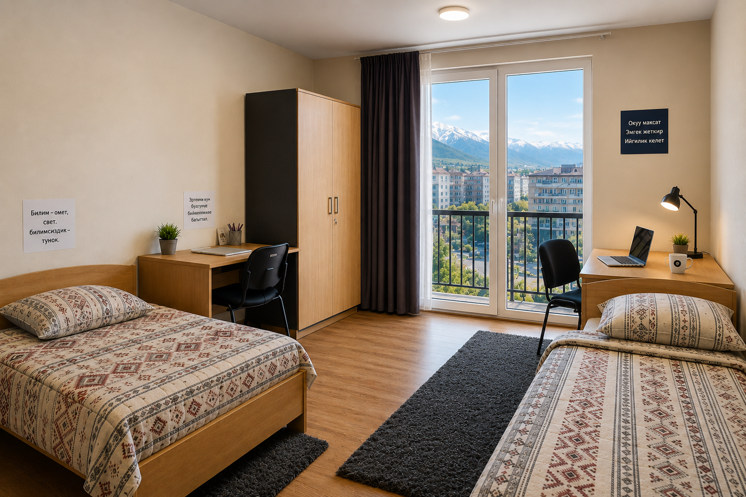 Modern hostel room for students pursuing MBBS in Kyrgyzstan at a top Kyrgyzstan Medical University with comfortable accommodation facilities.