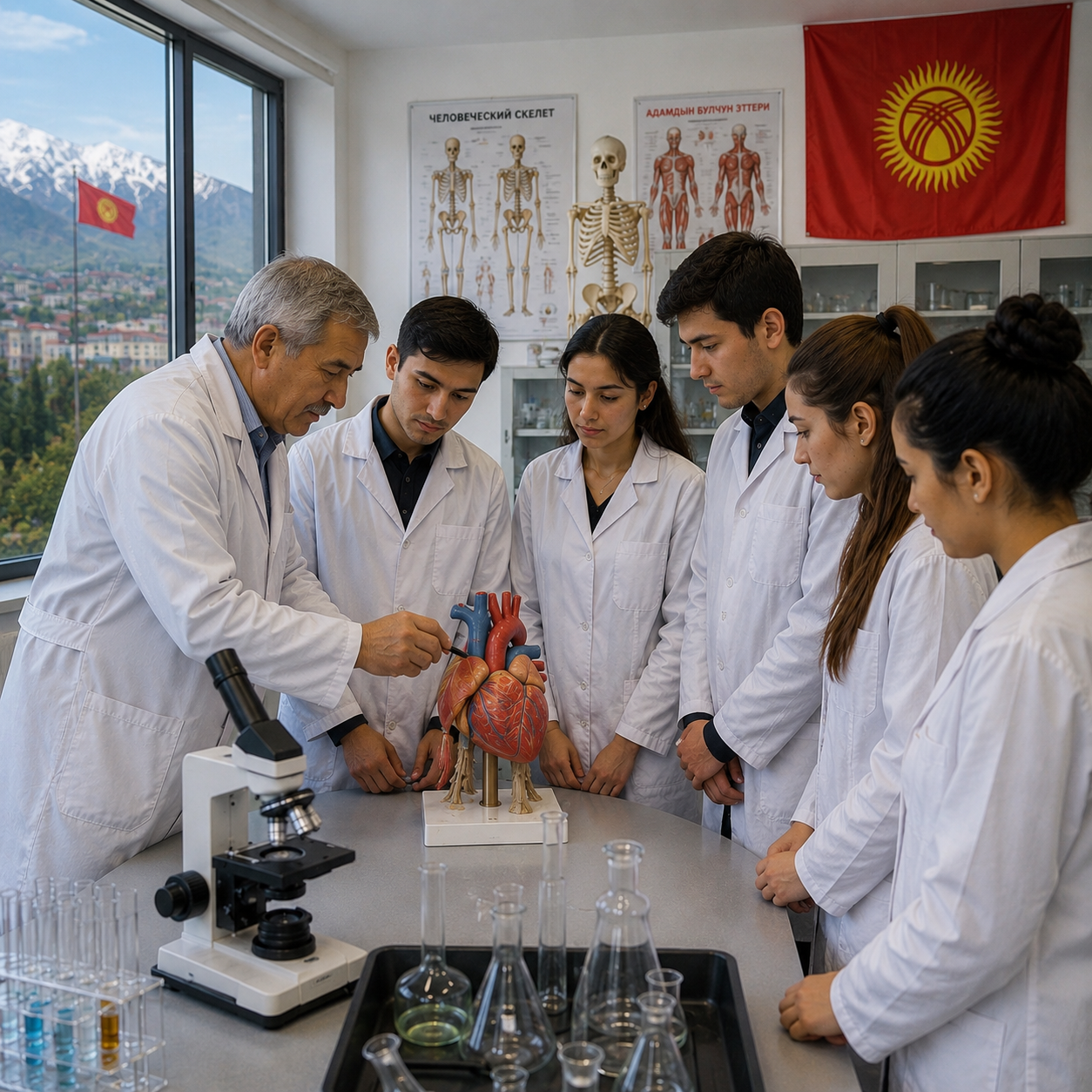 Medical students studying anatomy practical during MBBS in Kyrgyzstan at a top Kyrgyzstan Medical University with modern laboratory facilities.