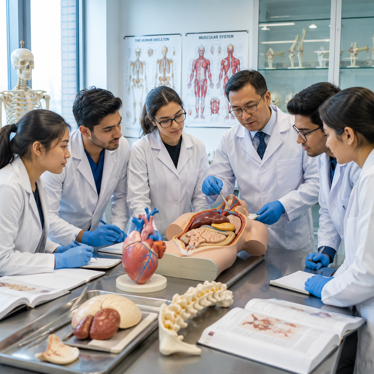 Medical students studying anatomy practical during MBBS in Kyrgyzstan at a top Kyrgyzstan Medical University with modern laboratory facilities.