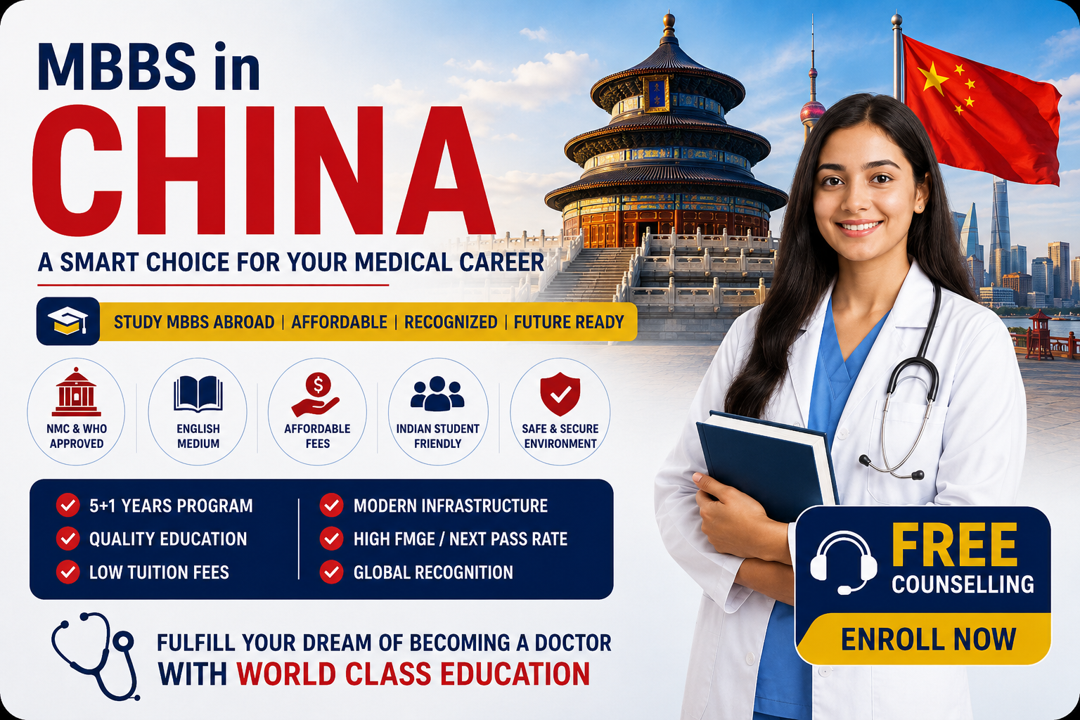 MBBS in China for Indian students with affordable MBBS in China fees structure, NMC approved universities, modern medical education and free counselling support.