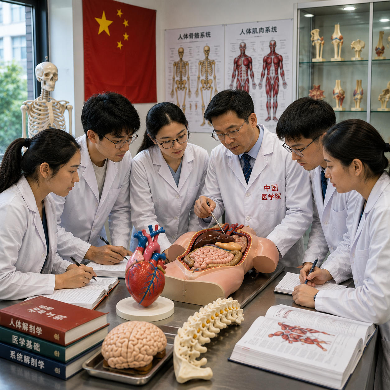 Indian and Chinese medical students studying anatomy during practical training for MBBS in China at an NMC-approved medical university.