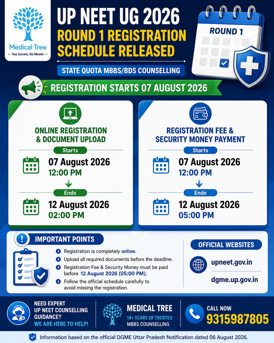 UP NEET UG 2026 Round 1 counselling registration schedule for MBBS and BDS admission