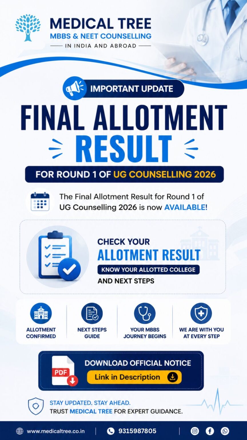 NEET UG Counselling 2026 Round 1 final allotment result announcement by Medical Tree informing students to check their allotted MBBS college and follow the next admission steps.