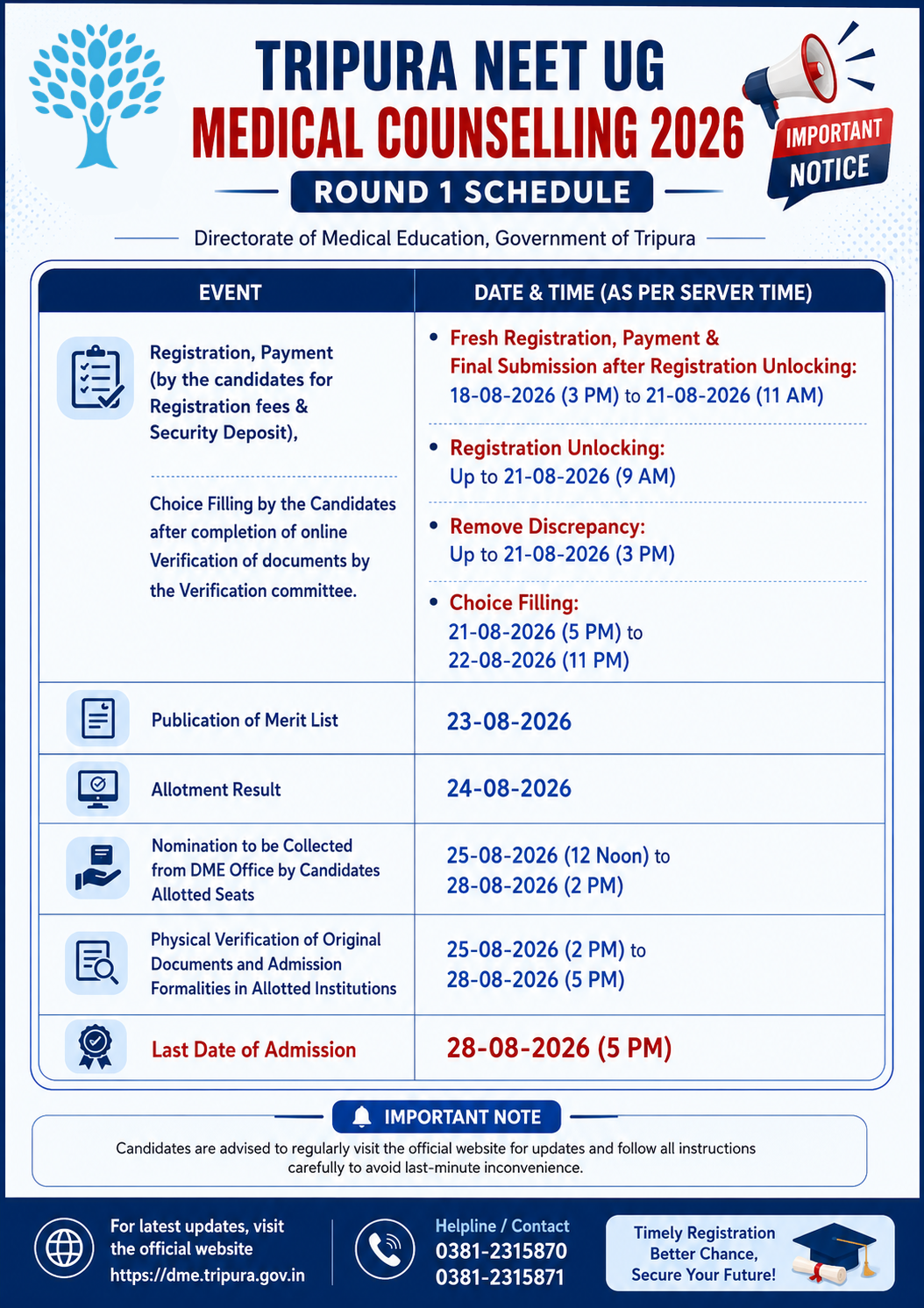Tripura NEET UG 2026 Round 1 counselling registration schedule with registration, choice filling, allotment and admission dates