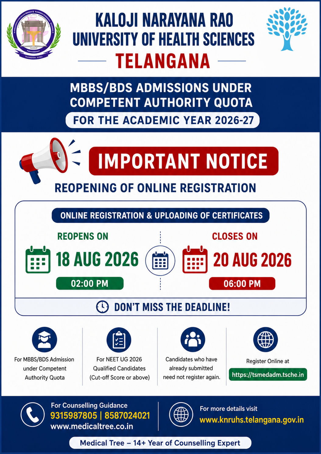 Telangana NEET UG 2026 MBBS BDS registration reopened notice with registration dates and online application details