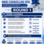 Jharkhand MBBS Counselling 2026 Round 1 schedule showing online registration, choice filling, seat allotment, document verification, admission dates and counselling fees for private medical colleges.