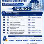 Jharkhand MBBS Counselling 2026 Round 2 schedule showing online application, merit list, vacant seat matrix, choice filling, provisional seat allotment, document verification and admission dates.