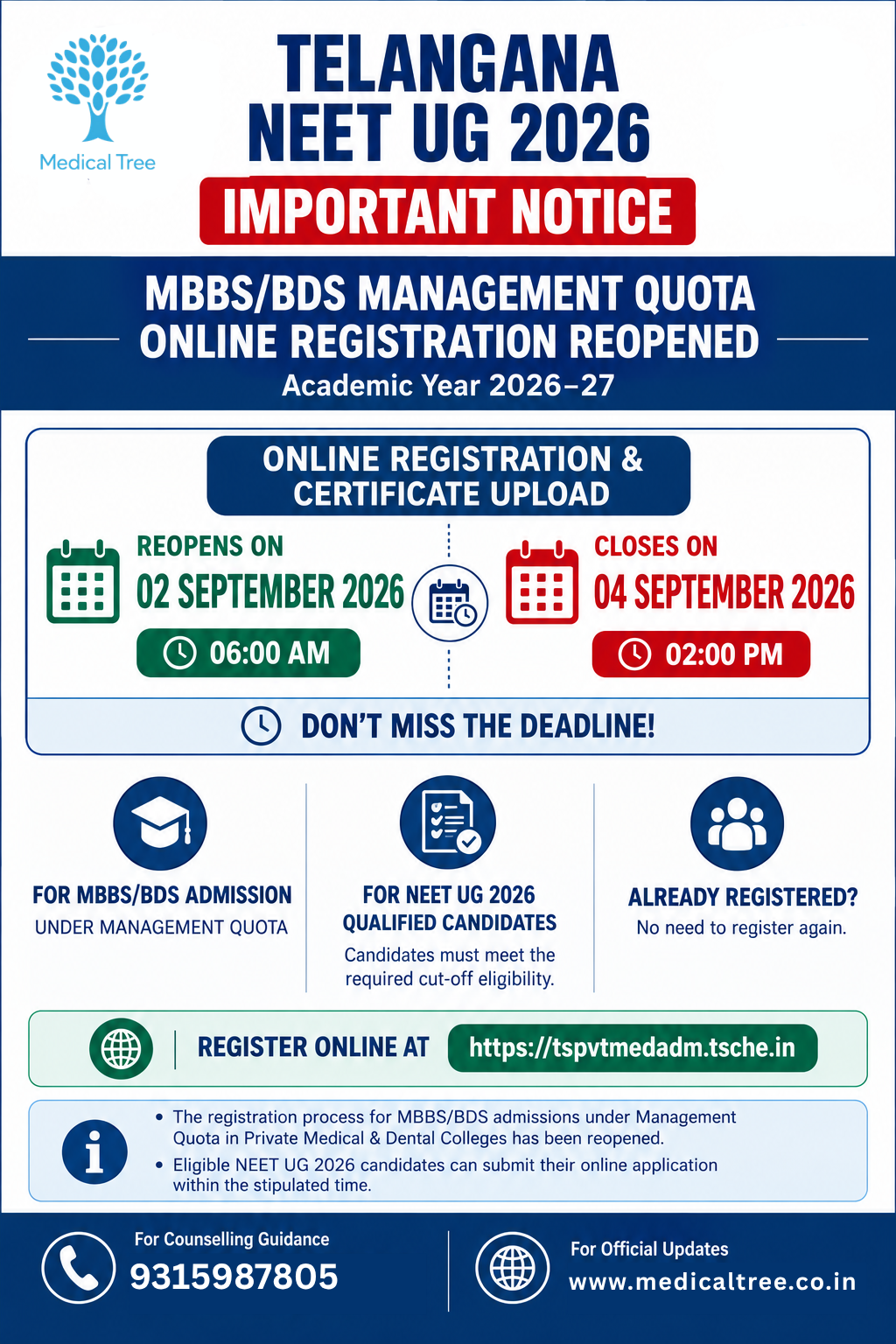 Telangana NEET UG 2026 Management Quota online registration and certificate upload notice for MBBS and BDS admission, reopening on 02 September 2026 and closing on 04 September 2026.