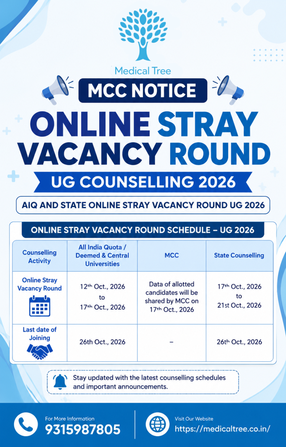 MCC Online Stray Vacancy Round 2026 UG counselling schedule showing AIQ, Deemed and Central University dates from 12 to 17 October and State Counselling dates from 17 to 21 October 2026.